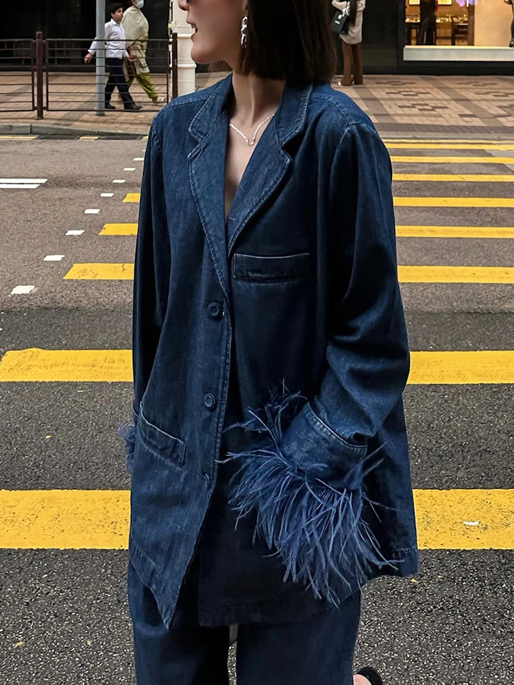 TWOTWINSTYLE Solid Patchwork Feathers Denim Coat For Women Lapel Long Sleeve Spliced Single Breasted Chic Coats Female Fashion