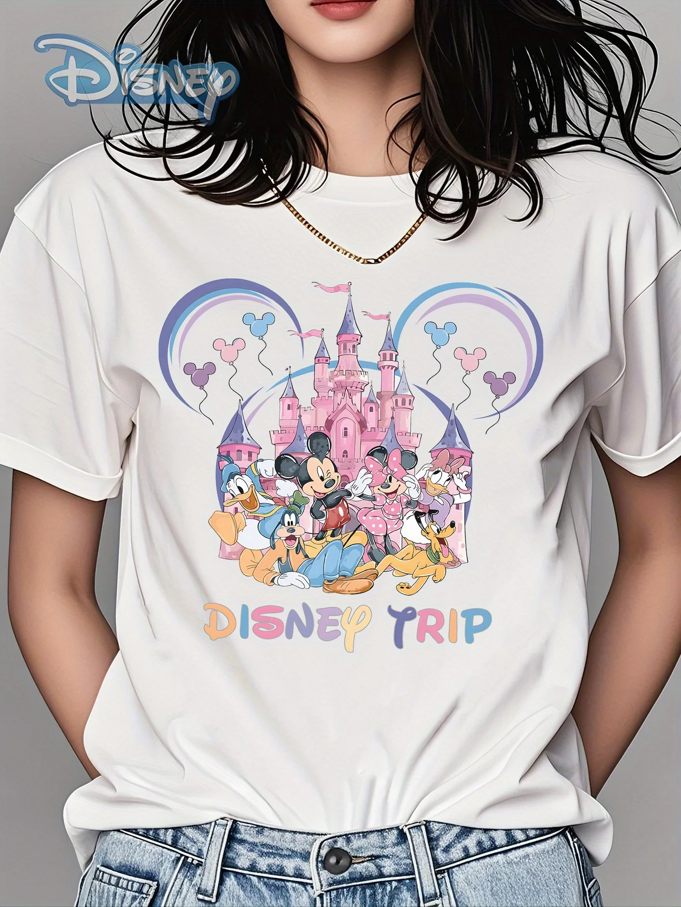 

Stitch & Lilo Crewneck T-Shirt for Women - Slim Fit, 180g, Casual Tropical Print Tee with "Love You" Design, Perfect for Hiking