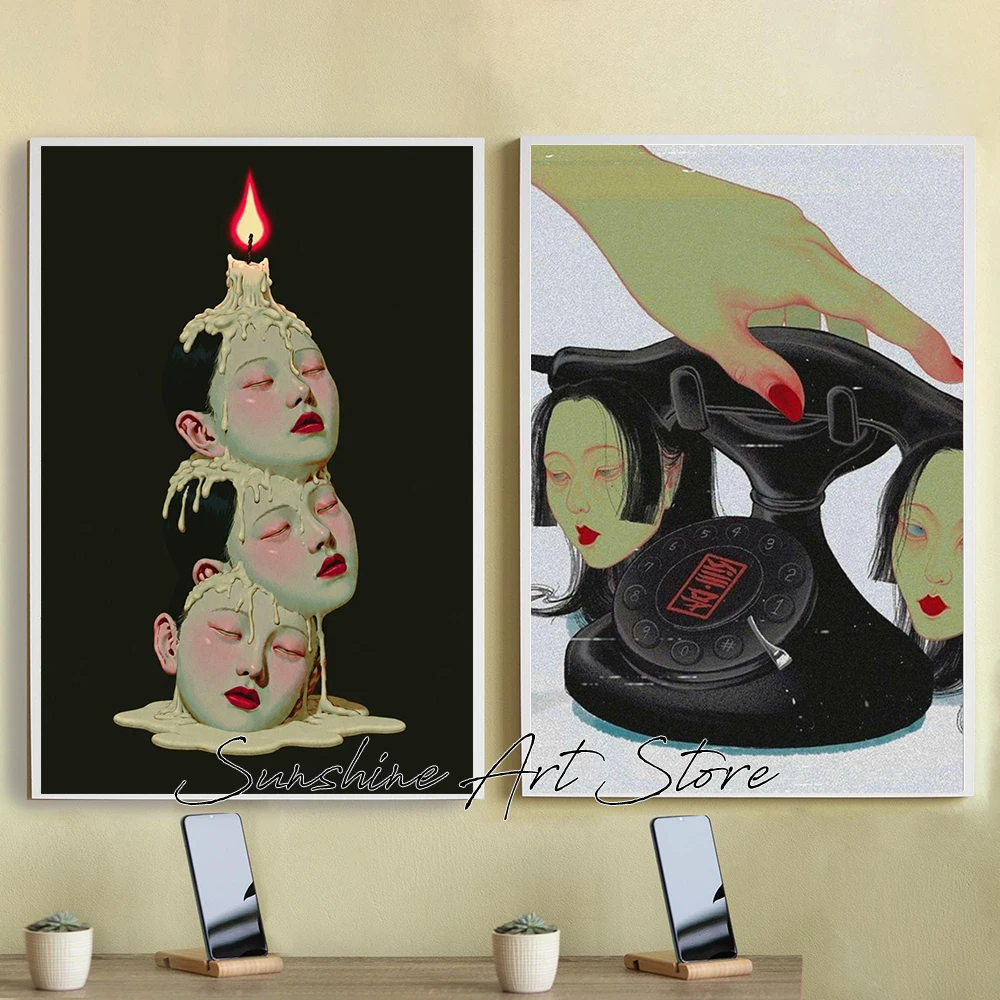 Faces Candle Stack Satin Poster Vintage Rotary Phone with Surreal Face Japandi Style Poster Canvas Painting Wall Pictures Decor