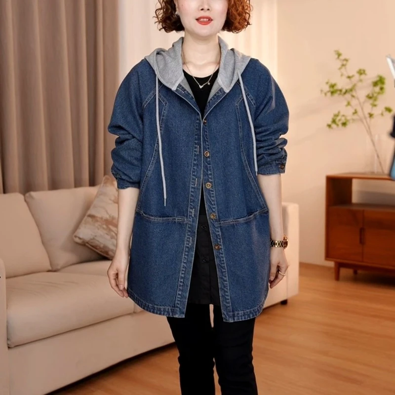 Giacca di jeans patchwork con cappuccio in due pezzi finta da donna 2025 Primavera Autunno Versatile moda casual Vestibilità ampia Top medio lungo giovanile