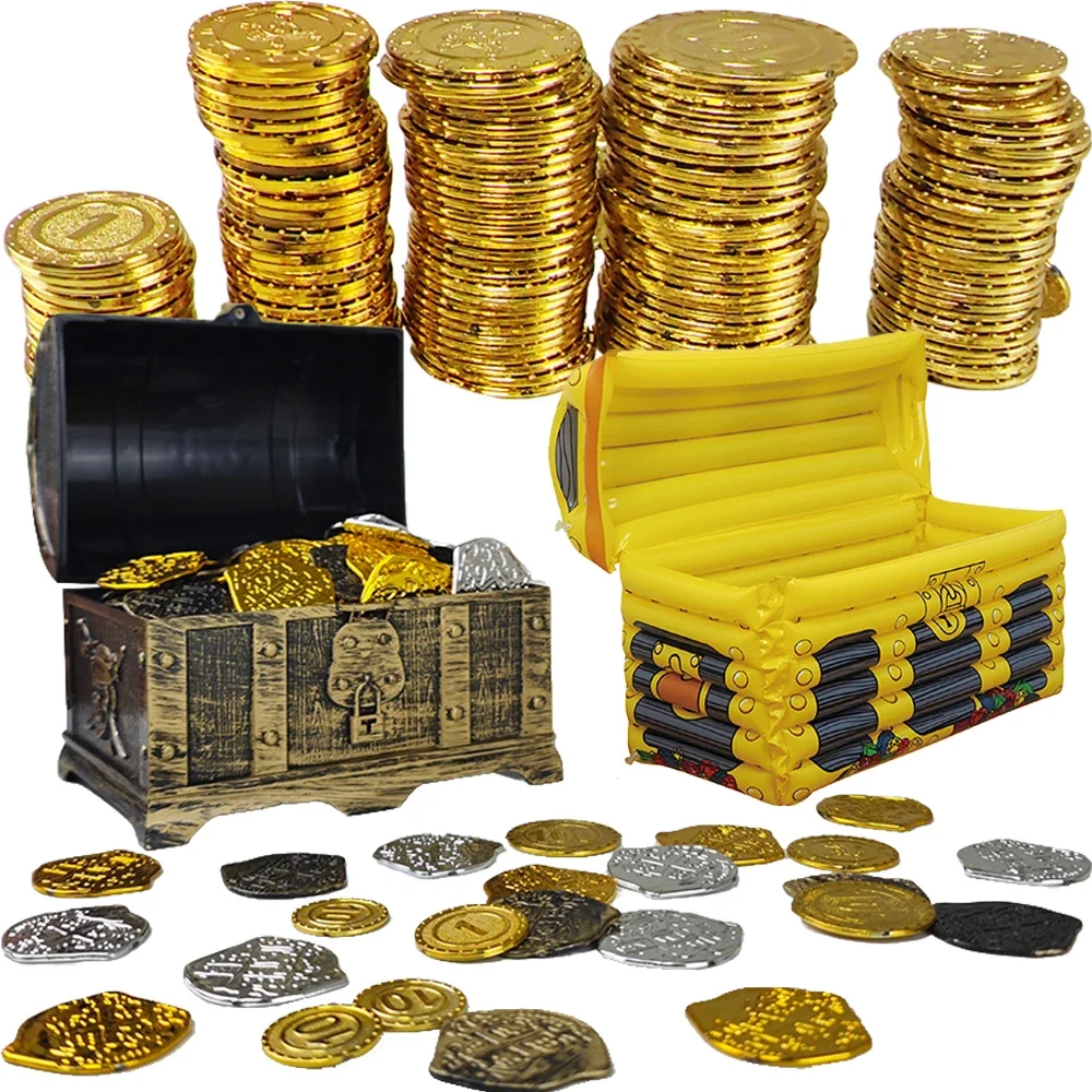 500PCS Pirate Coins with bagTreasure Chest Spanish Doubloon Fake Coins bitcoin model Board Games thief Pirate Party Cosplay