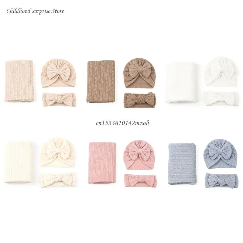 

3pcs Baby Bowknot Hats Headbands Set Receiving Blankets Photo Props Dropship