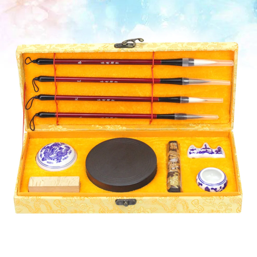 1Set Chinese Calligraphy Brush Set Four Treasures of The Study Traditional Writing Ink Stick Paper Inkstone Gifts for Beginners
