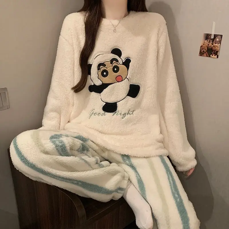 Crayon Shin-Chan Panda Outfit Coral Fleece Pajama Round Neck Embroidery Pullover Top Striped Pants Soft Warm Fluffy Loungewear