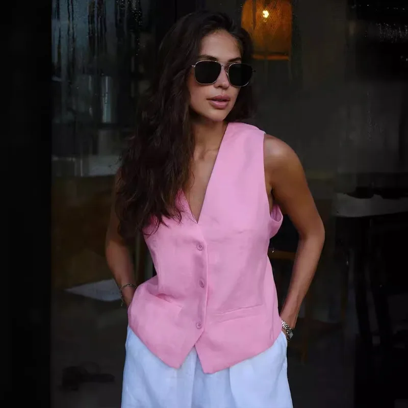 

Fashion Cotton Linen Tank Tops Women Summer Autumn Casual Solid Sleeveless V-neck Single Breasted Vest Lady Office Streetwear