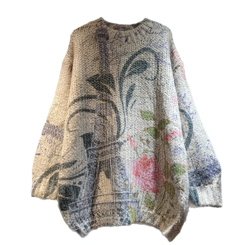 WTHT mode femmes dessin animé impression conception pull en tricot ample 2025 automne à la mode col rond manches longues pulls femme 1LS2571