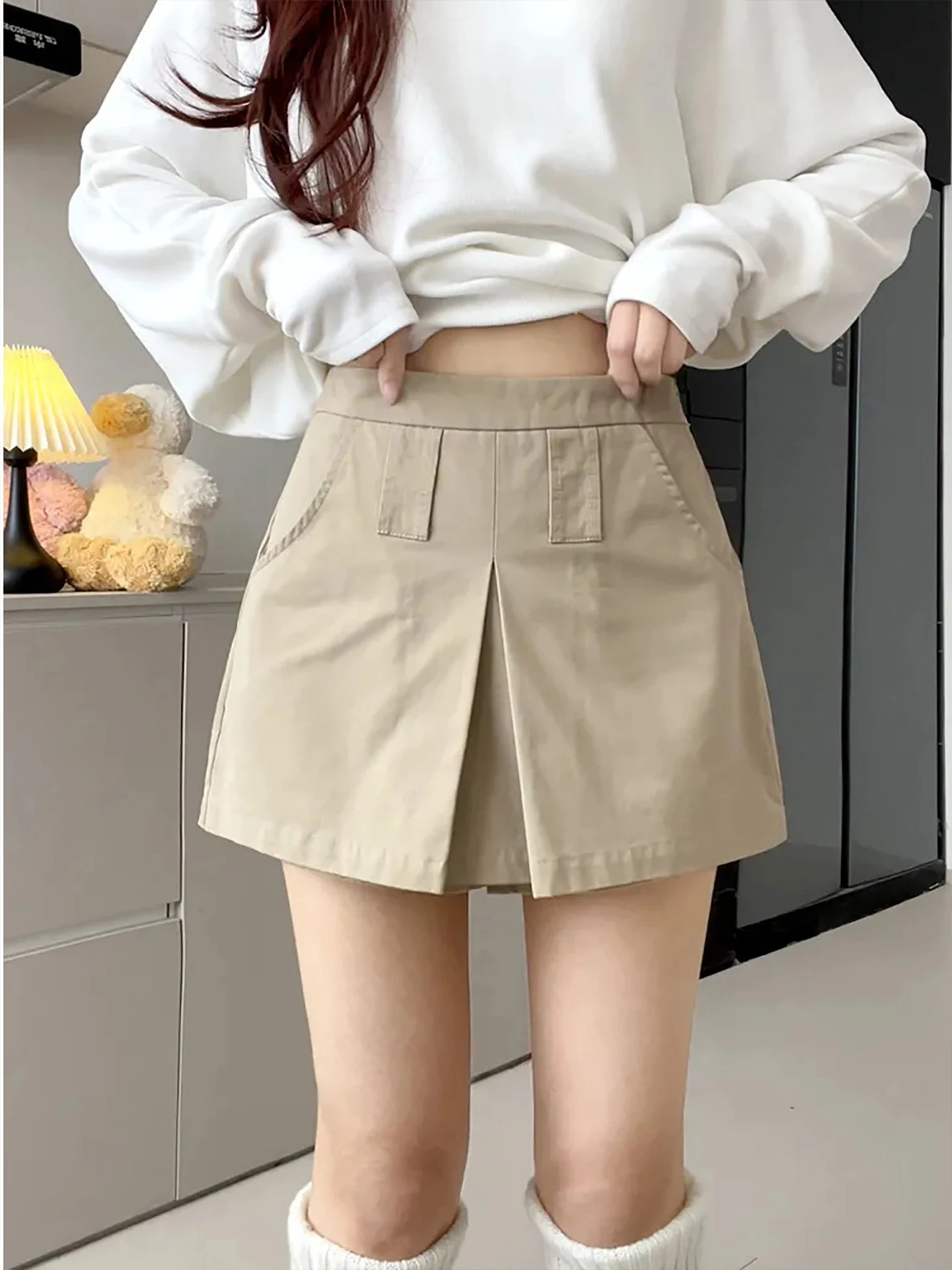 High Waist A-Line  Skirt for plus Size Women Summer Khaki Workwear Anti-Light Short Skirt Pants Korean Style Commute