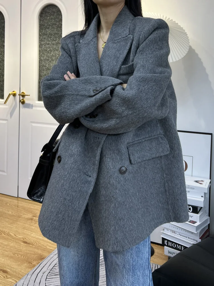 ダブルブレスト長袖ウールコート女性ファッション冬ハイエンド両面100％ウールコートショートソフトラペル