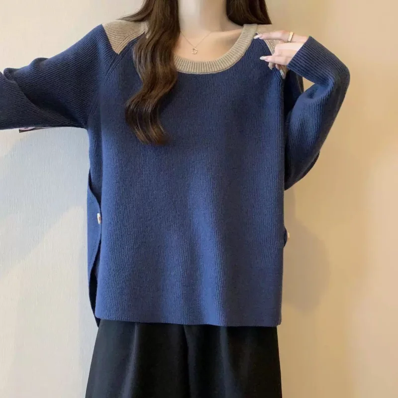 سترة محبوكة ذات ألوان مستشعرة للتصميم للنساء في الخريف والشتاء، بلوزة محبوكة فضفاضة للتخسيس وتقليل العمر