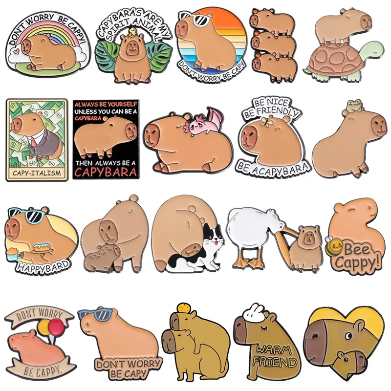 Cartoon Capybara Enamel Brooch Cute DON'T WORRY BE CAPPY Sunglasses Tie Rainbow Metal Badge Punk Capybara Lapel Pin Jewely Gifts