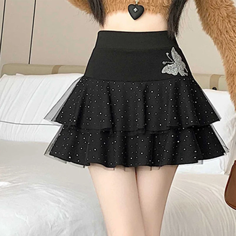 Hot Fix Rhinestone Mesh Women' Skirt Spring Summer New High Waist Slim-looking Pleated Tiered Skirts Bow Fashion Slim Ball Gown