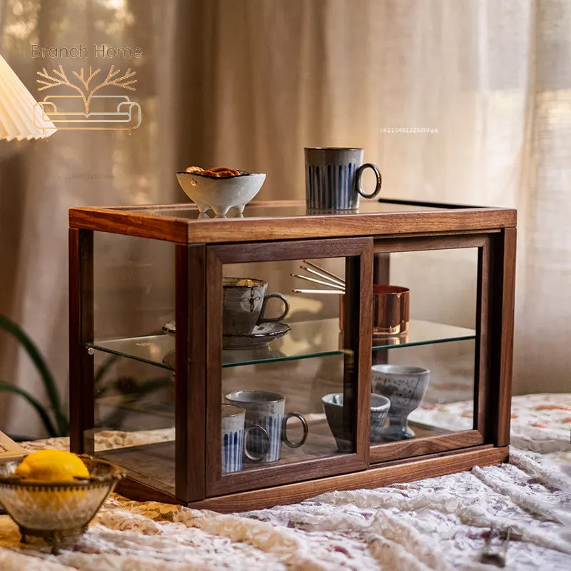 Black walnut solid wood glass tea cabinet display tea room tea set storage display dust storage