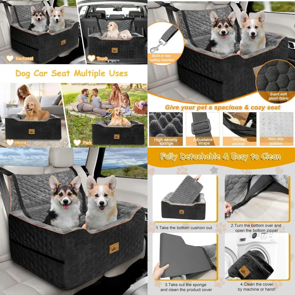 

Versatile Pet Car Seat for Medium/Large Dogs or Two Small Dogs, Thick Cushion, 2 Safety Leashes, Black/Gray