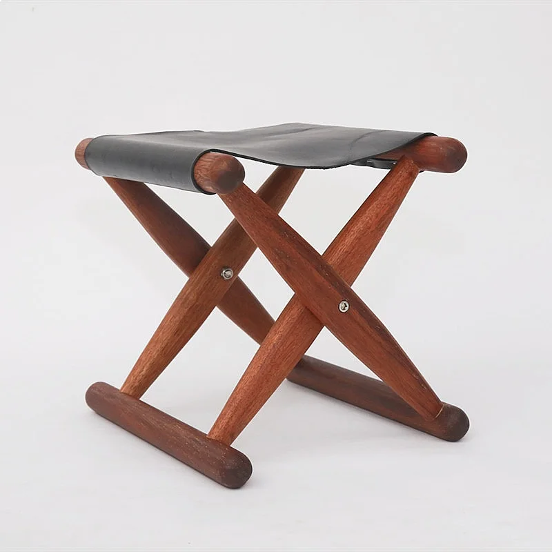 Compact Folding Camp Stool Solid Wood X-Frame Thick Leather Seat Portable Hiking Stool for Adults
