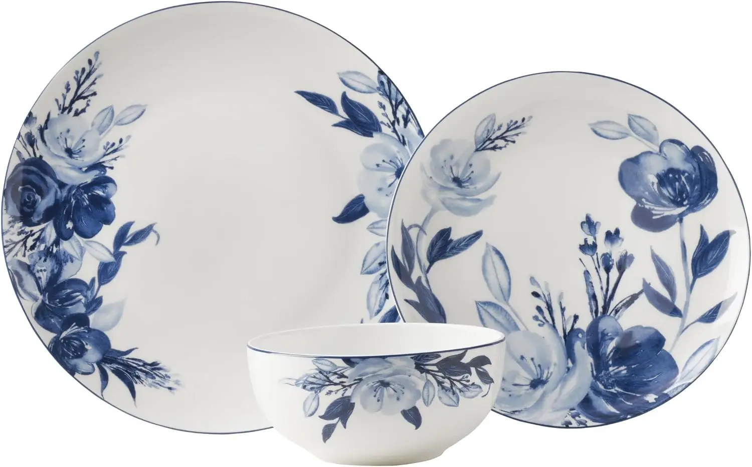 Bone China Dinnerware Set, 12-Piece Service for 4, Blue and White, Lightweight and Chip-Resistant