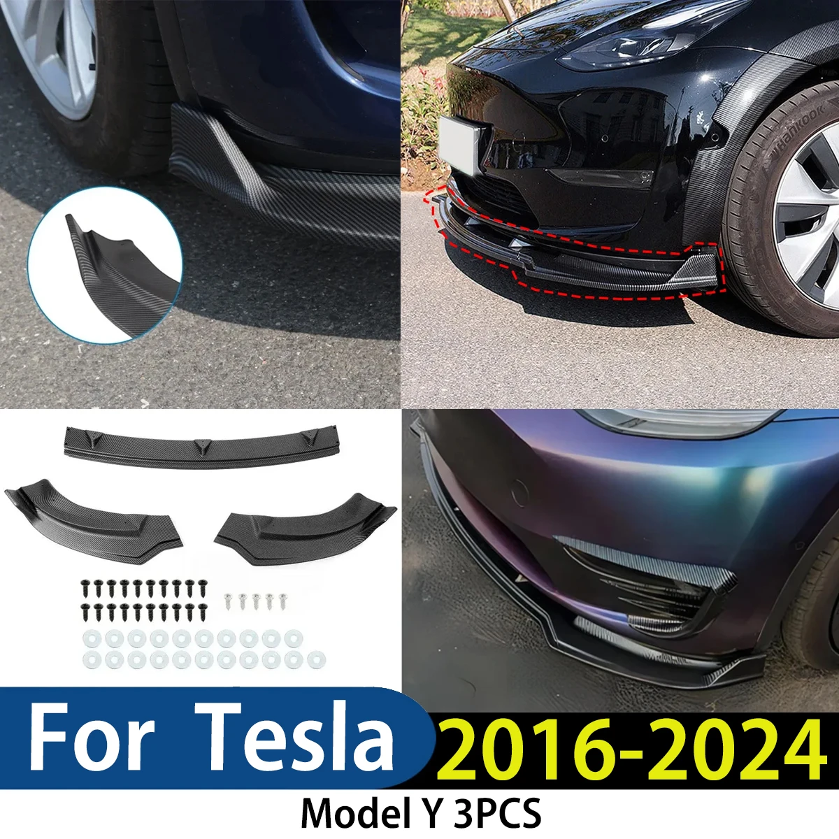 

For Tesla Model Y 2019-2024 3Pcs Upgrade appearance Front Bumper Spoiler Chin Diffuser with Lip Body Kit Modification Exterior