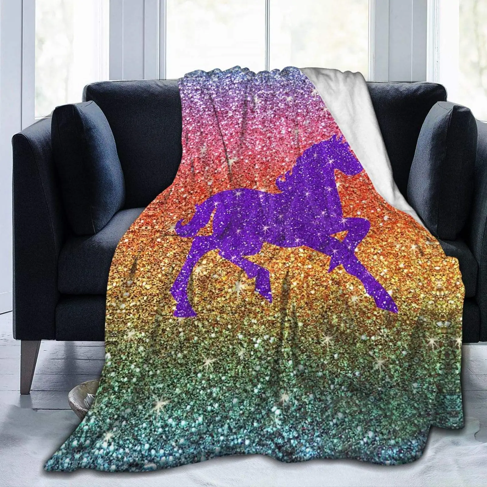 Rainbow Glitter Purple Sparkles Unicorn Flannel Bed Blanket Lightweight Cozy Plush Throw Blanket for Bedroom Sofa Couch Camping