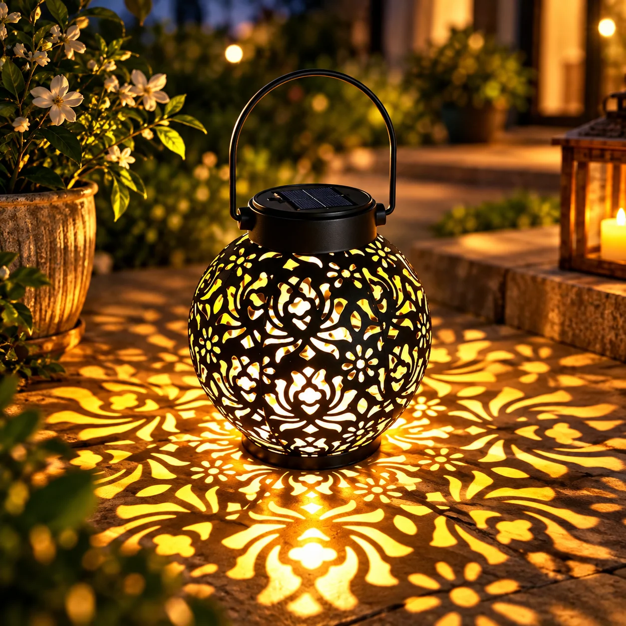 Solar Lantern Outdoor Waterproof Hanging Garden Light, Hollow Pattern Table Lamp, Black/Bronze Patio Yard Decor
