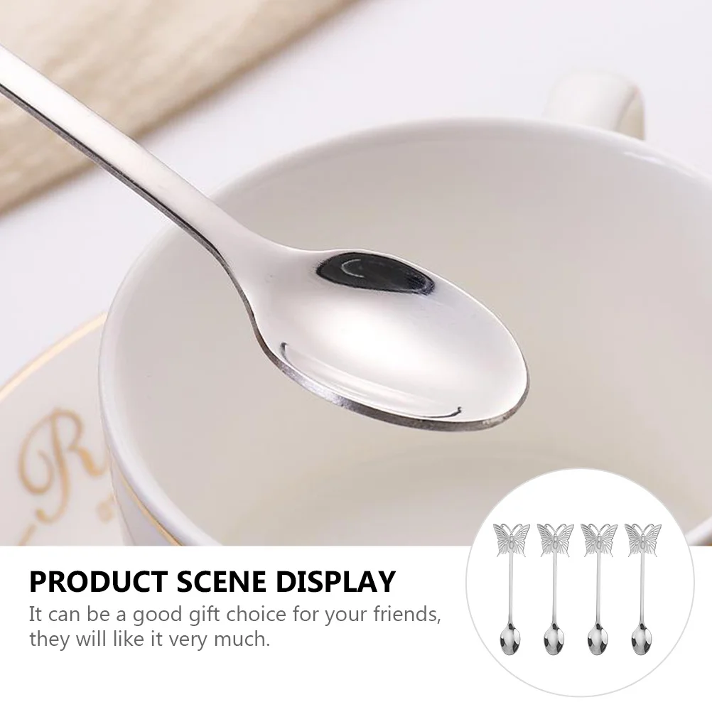 

4Pcs Creative Butterfly Stainless Steel Long Handle Spoons Practical Dessert Scoop Salad Scoop Gift Choice Long Handle Spoon