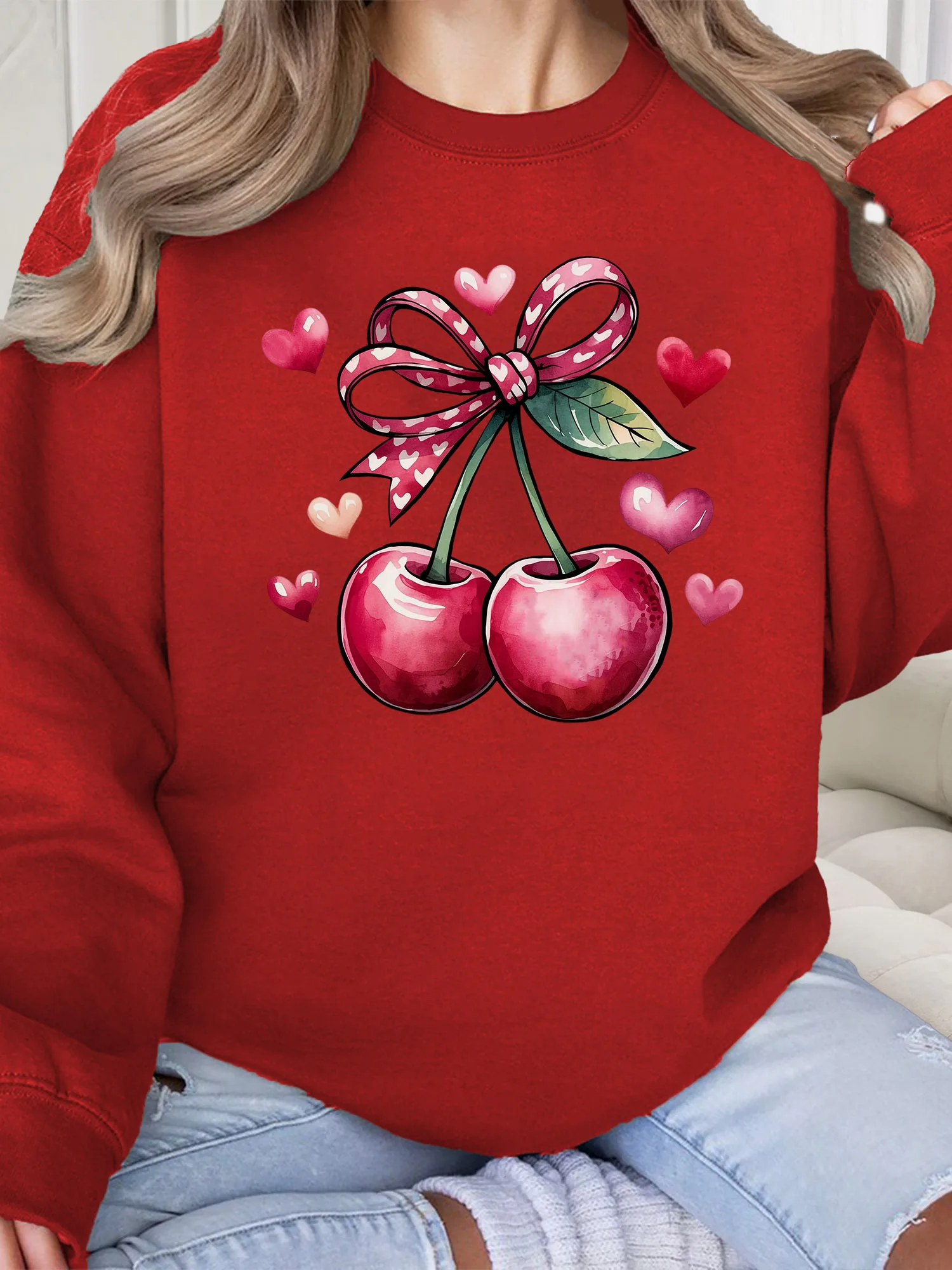 

Женская толстовка Pink Cherry с круглым вырезом, повседневный пуловер с длинными рукавами, свободный крой, для ежедневной носки