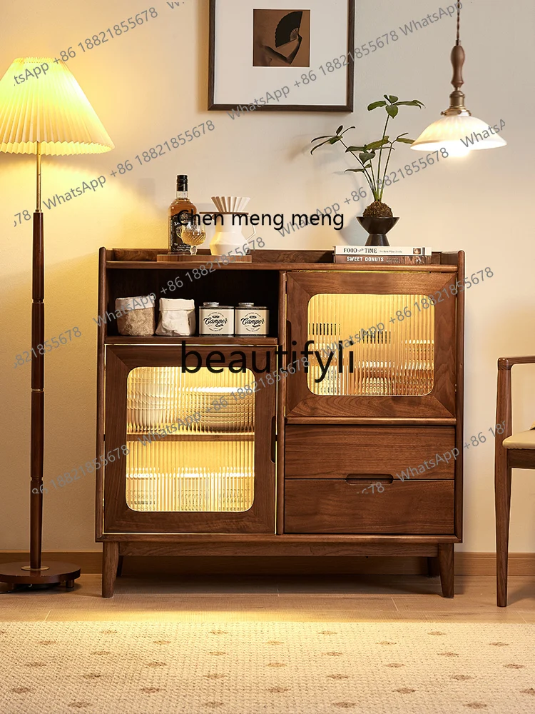 

178North American black walnut dining side cabinet Nordic simple wrong grid side cabinet Household wall tea locker