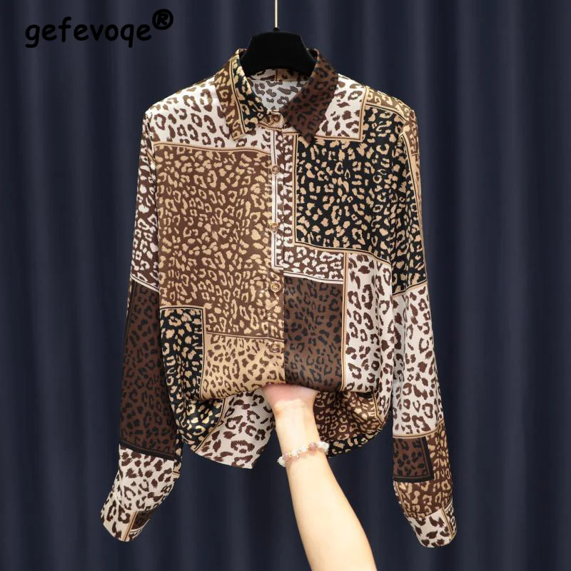 2022 moda elegante estilo coreano cetim camisa feminina primavera novo leopardo retalhos topo casual polo pescoço manga longa senhoras blusas