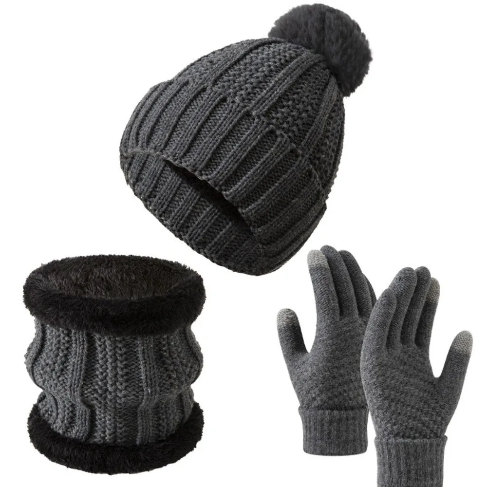3pcs Solid Color Hat Scarf Gloves Set Thickened Cute Pompom Knitted Hat Keep Warm with Velvet Beanie Hat Autumn Winter