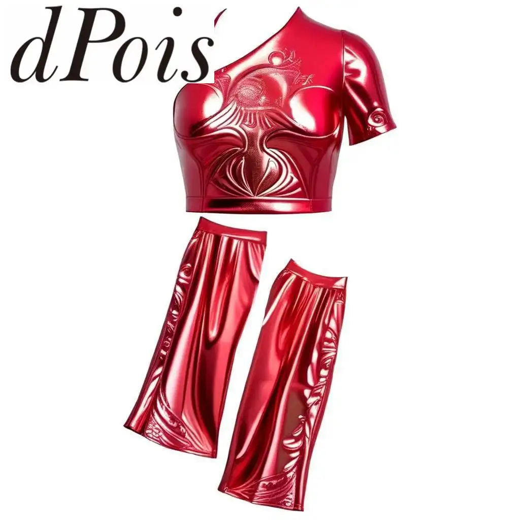 Girls Jazz Dance Costume One Shoulder Metallic Tank Crop Top with Shimmery Gloves for School Cheerleading Performance Dancewear