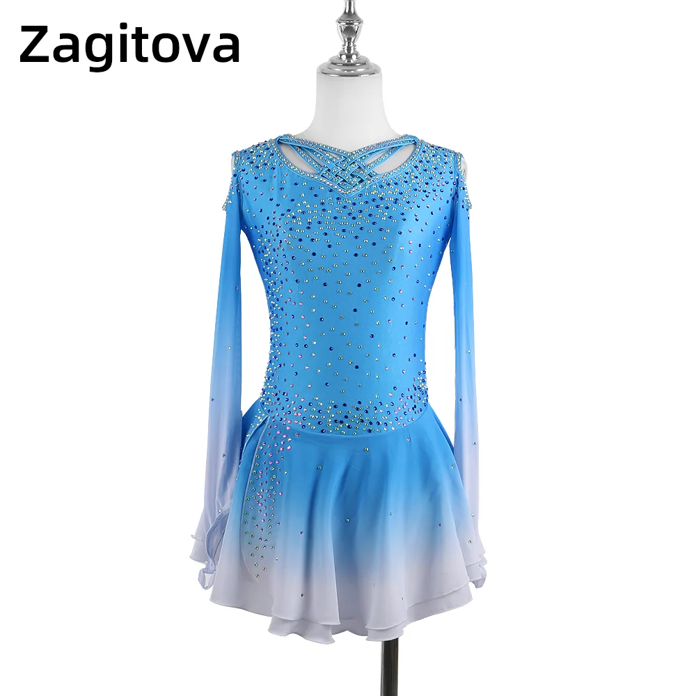 

Zagitova Figure Skating Dress Women Girls Ice Skating Skirt Gradient Blue Off Shoulder With Shiny Diamond Mesh Skirt