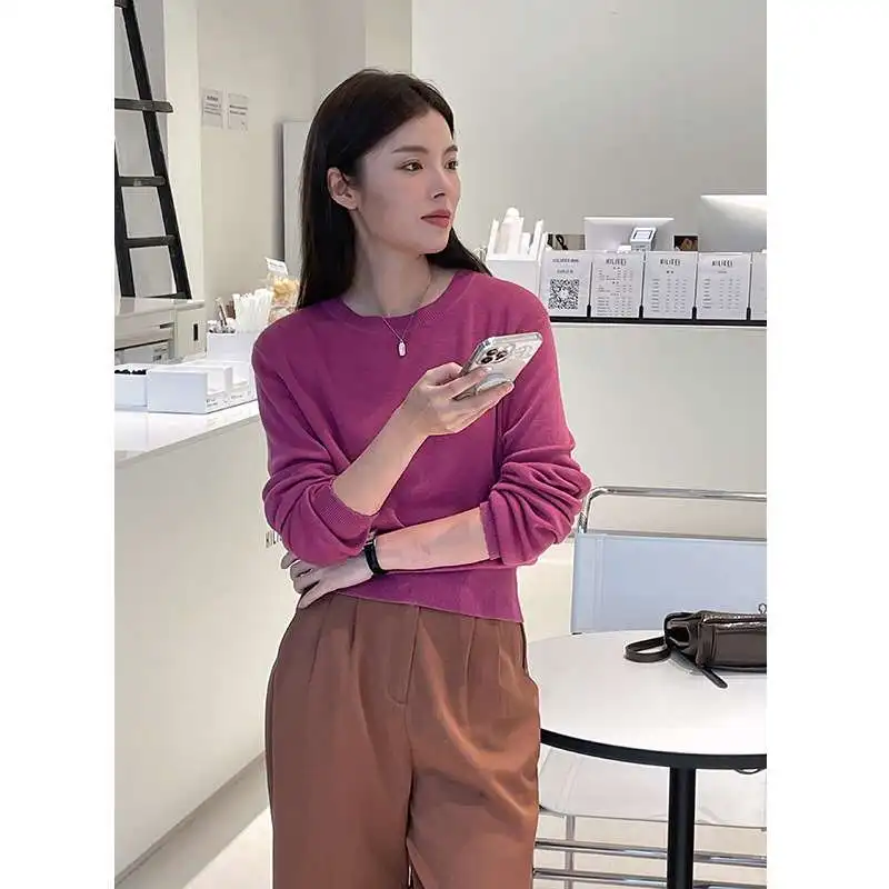 

Вязаная футболка Mulan Sweet Ele, женский осенний длинный свитер свекрового цвета Crew Ne, модный удобный женский топ