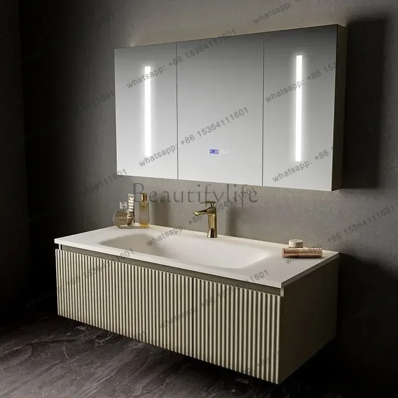 LJY Light Luxury Oak Bathroom Vanity Sink Cabinet LED Smart Mirror Bathroom Cabinets Slate Integrated Washbasin Bathroom Furnitu