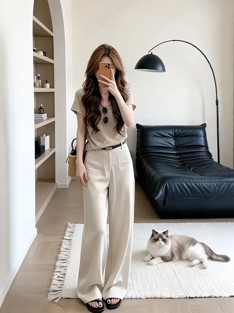 

Summer Women's Loose Knitted Short Sleeve Top And Wide Leg Pants Ensemble Korean Style Casual Fashion plus Size Set