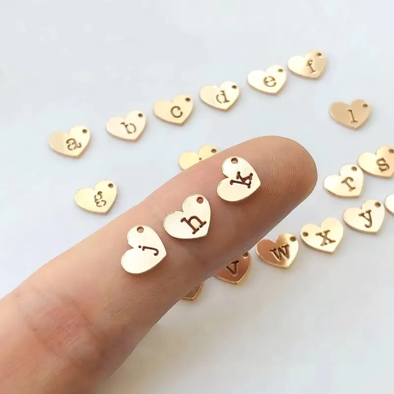 14K Gold Filled 8x6mm Heart Letters Drop W/Right Hole 20ga 0.9mm (a-z) 26 Lowercase Letter Charms Wholesale Findings