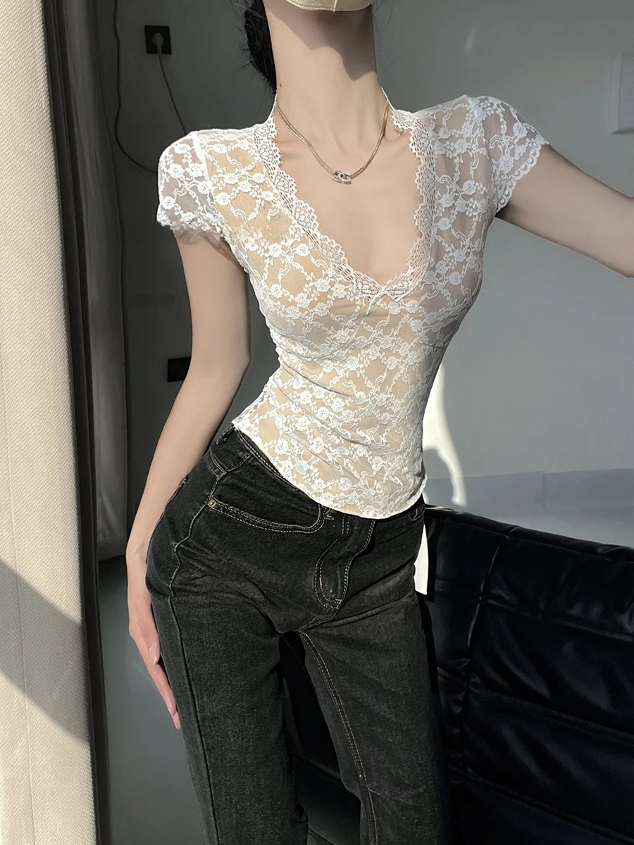 Korean Style Lace Trim Slim Fit Short Sleeve V-Neck Base Shirt Transparent Design Sexy Girl T-Shirt Top Cotton Village Brand