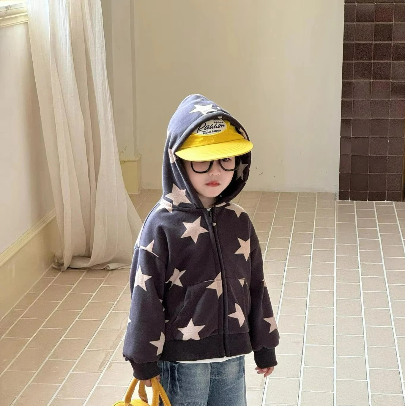 Jacket Star Sticker Fabric Water Ripple Distressed Jeans Girl's Autumn New Navy Blue Full Star Print Hooded