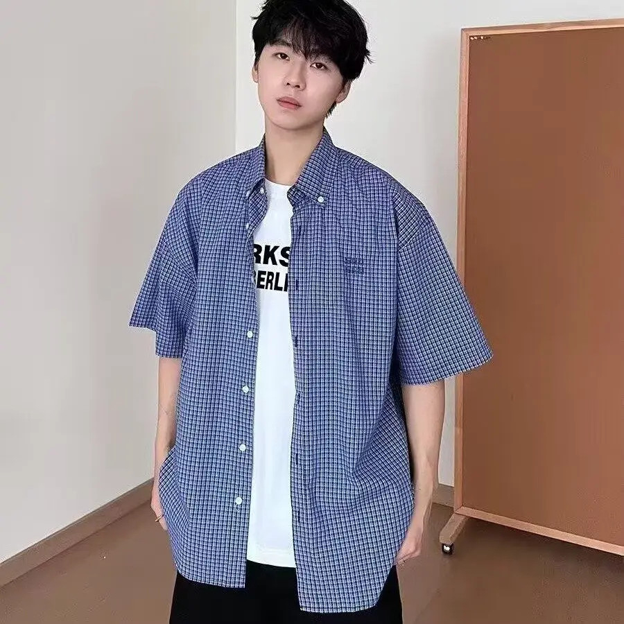 

American Retro Plaid Collar ort Sve Men's Casual irt Summer Loose Fit Versatile f Sve irt Youth Trendy Sle