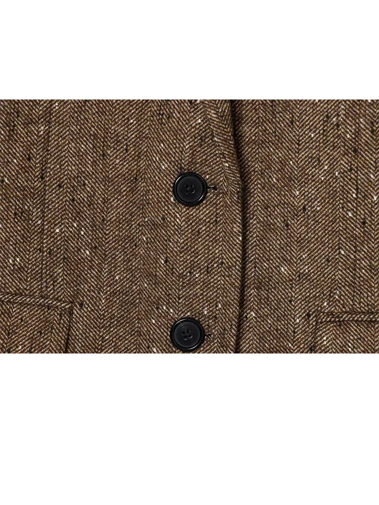 

HH Woman Winter Lapel Pocket Decoration Single Breasted Long Sleeves Herringbone Twill Blazer Female Leisure Street Style Coat