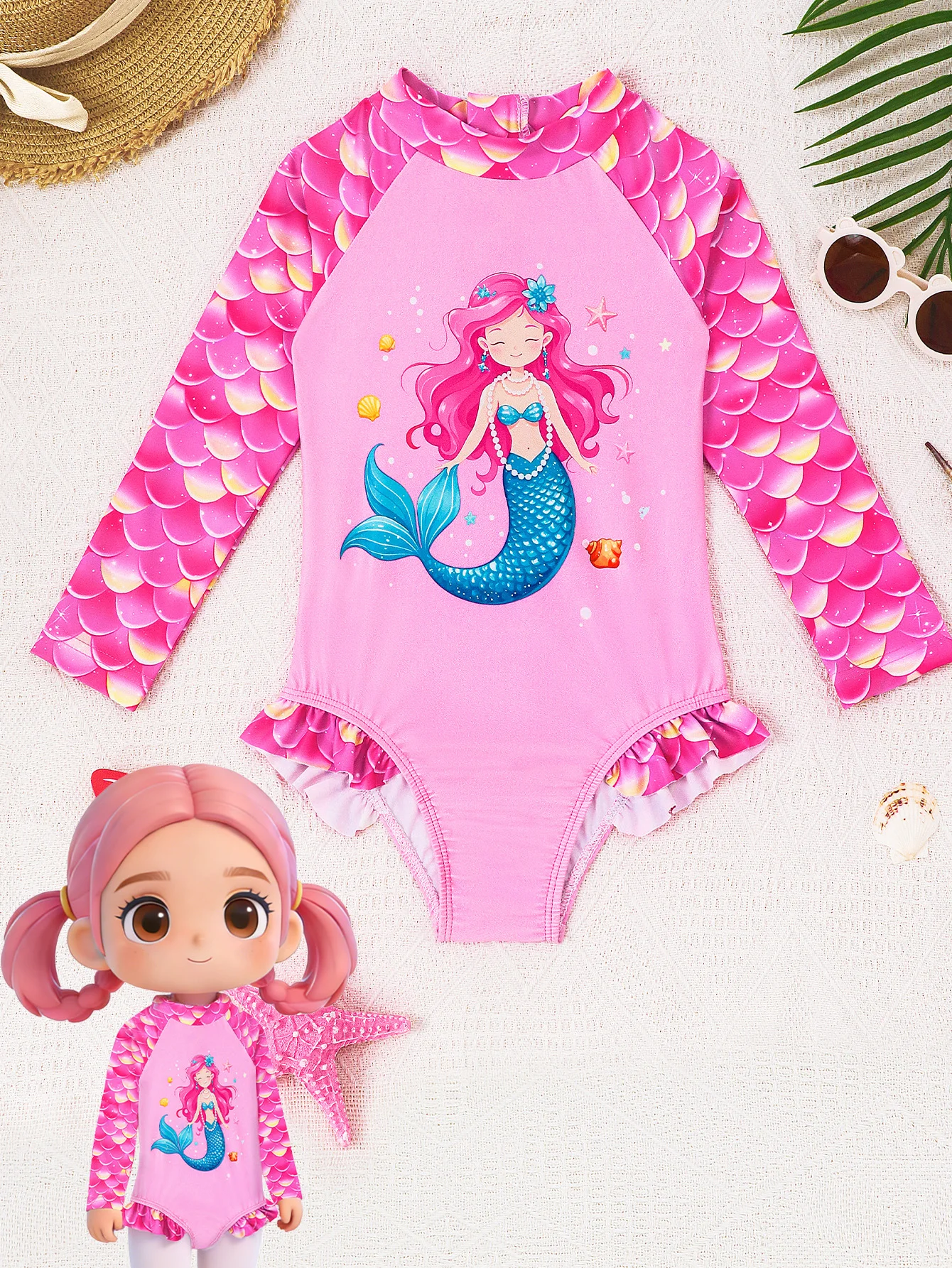 Girls One Piece Swimsuits Long Sleeve Hawaiian Bathing Suit Lovely Cartoon Mermaid Swimwear Beach Swim Shirts for Surfing