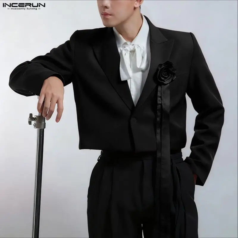 INCERUN Men Blazer Flower Decoration Lapel Long Sleeve One Button Male Suit Streetwear Elegant Fashion Casual Crop Coats Men