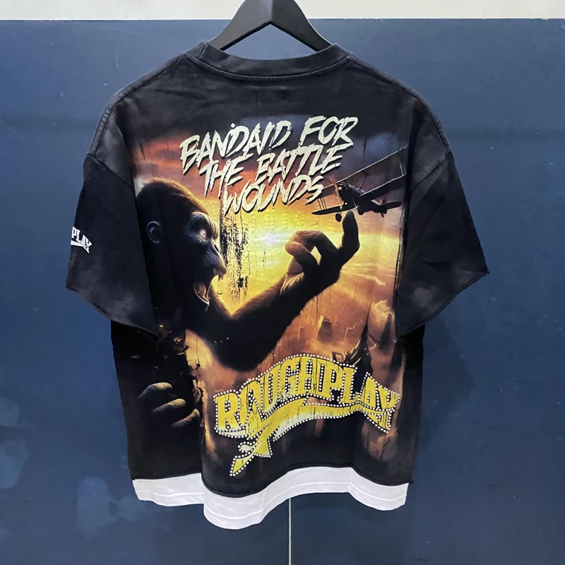 Camisetas con estampado de gorila para hombre y mujer, ropa de calle a la moda, cuello redondo, manga corta, algodón, ROUGHPLAY