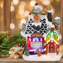 LED Light Christmas Gingerbread Village House Ice Cream Collectible Building Figures Home Indoor Fireplace Decor Holiday Gift