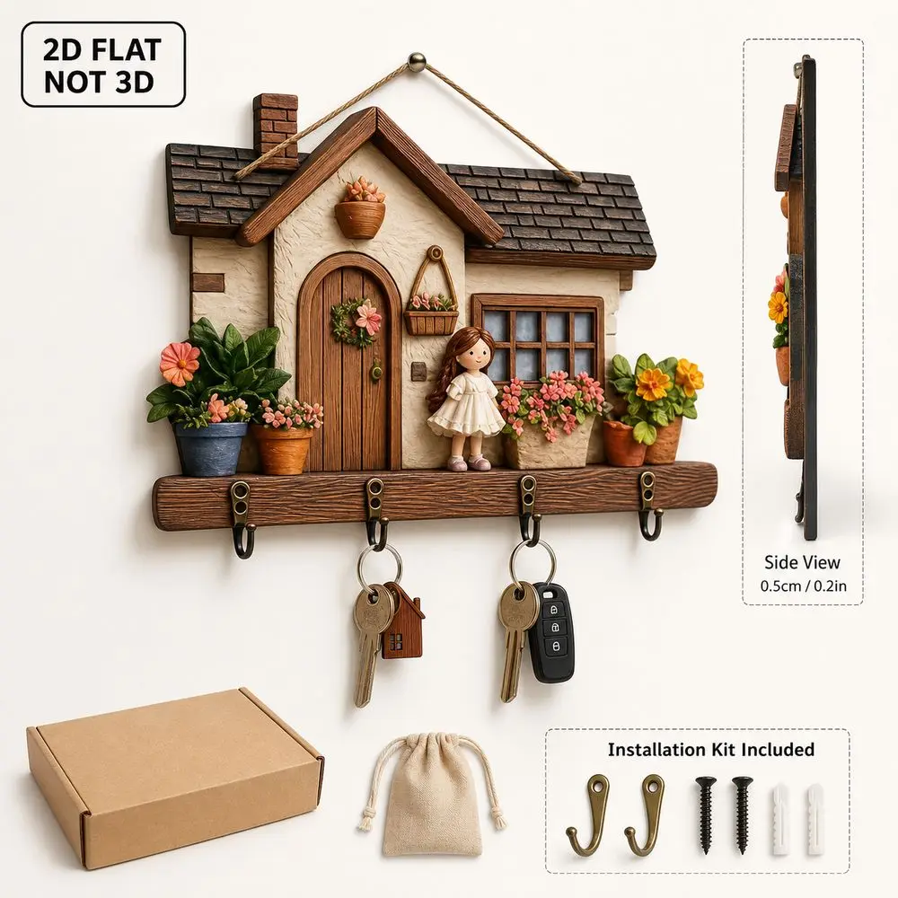 New Wood Wooden Key Holder Colorful 2D Flat House Key Holder Wall Mounted House Shape Decorative Key Hanger Home Wall Decor