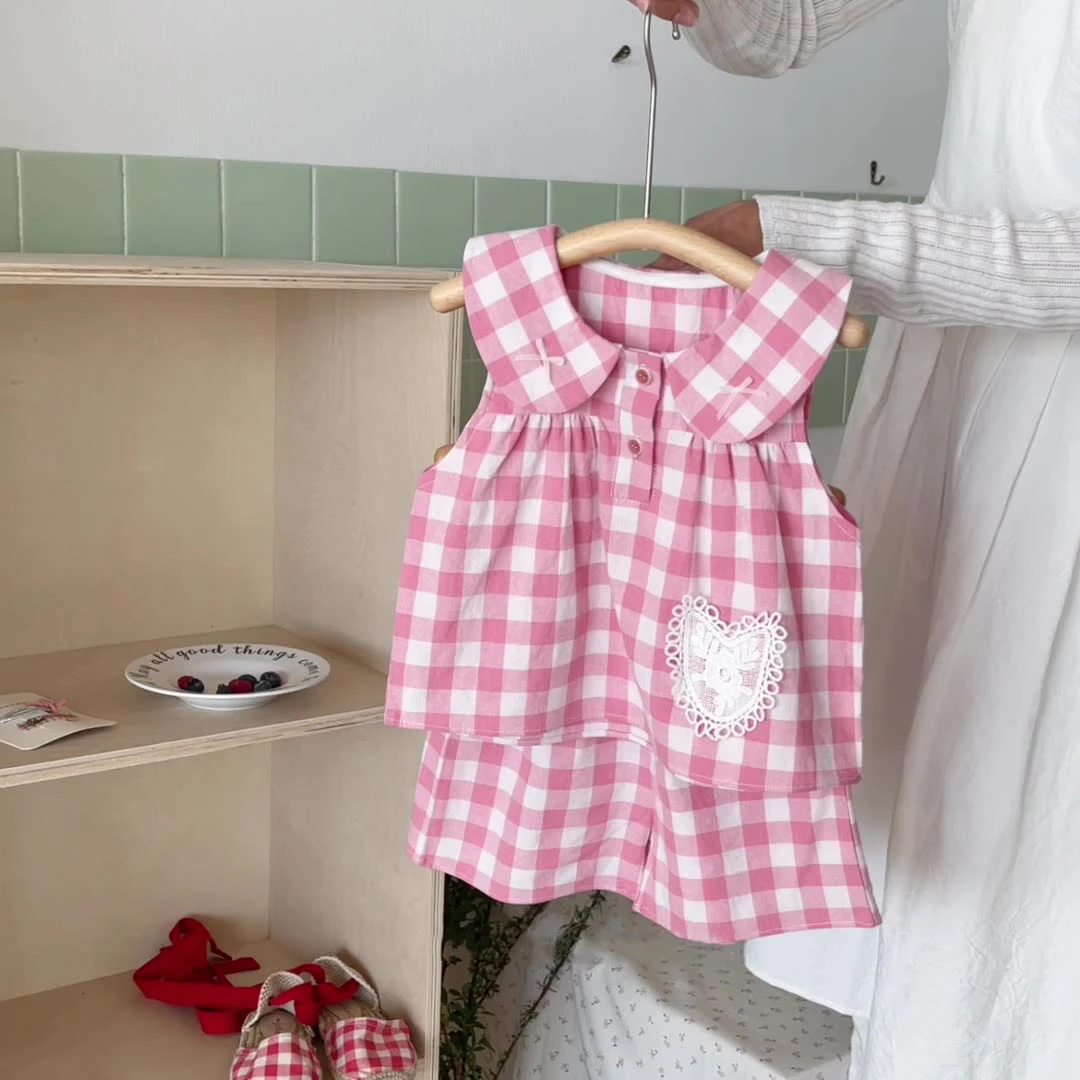 Baby Girls Pink Plaid Shorts Sets Turn Down Collar Sleeveless Patch Lace Embroidery Tops Shirt+Elastic Waist Wide Leg Shorts Set