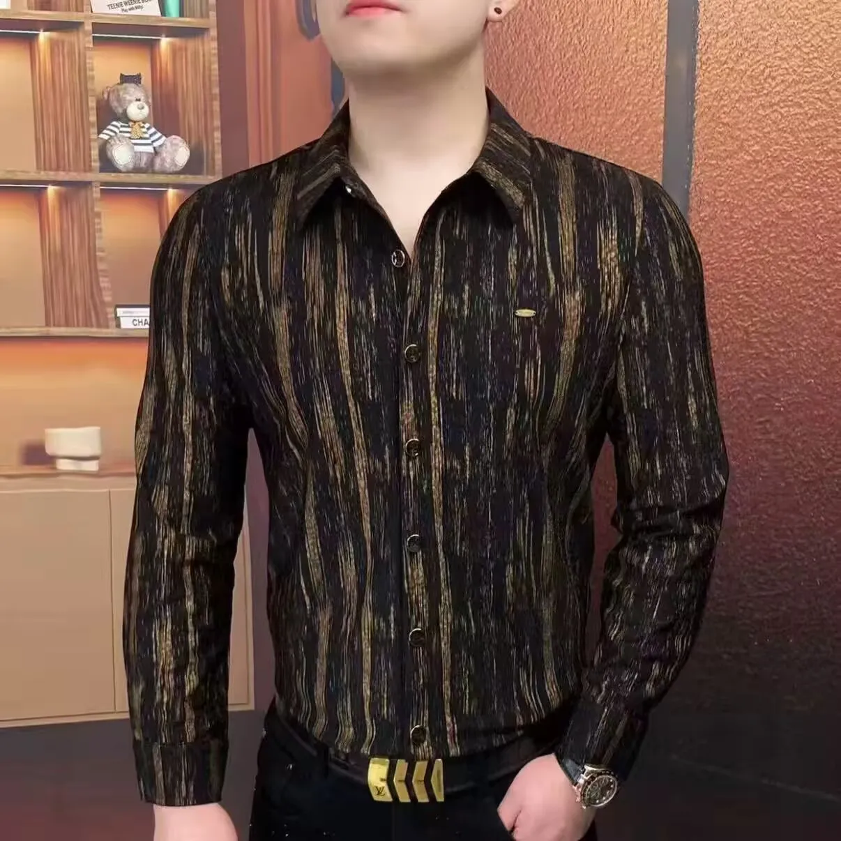 

2626 Luxury Long Sleeve Casual Shirt Men's Hollow Ice Silk Cool Feel Men's Shirt Social Nightclub Street Wear Shirt Men Clothing