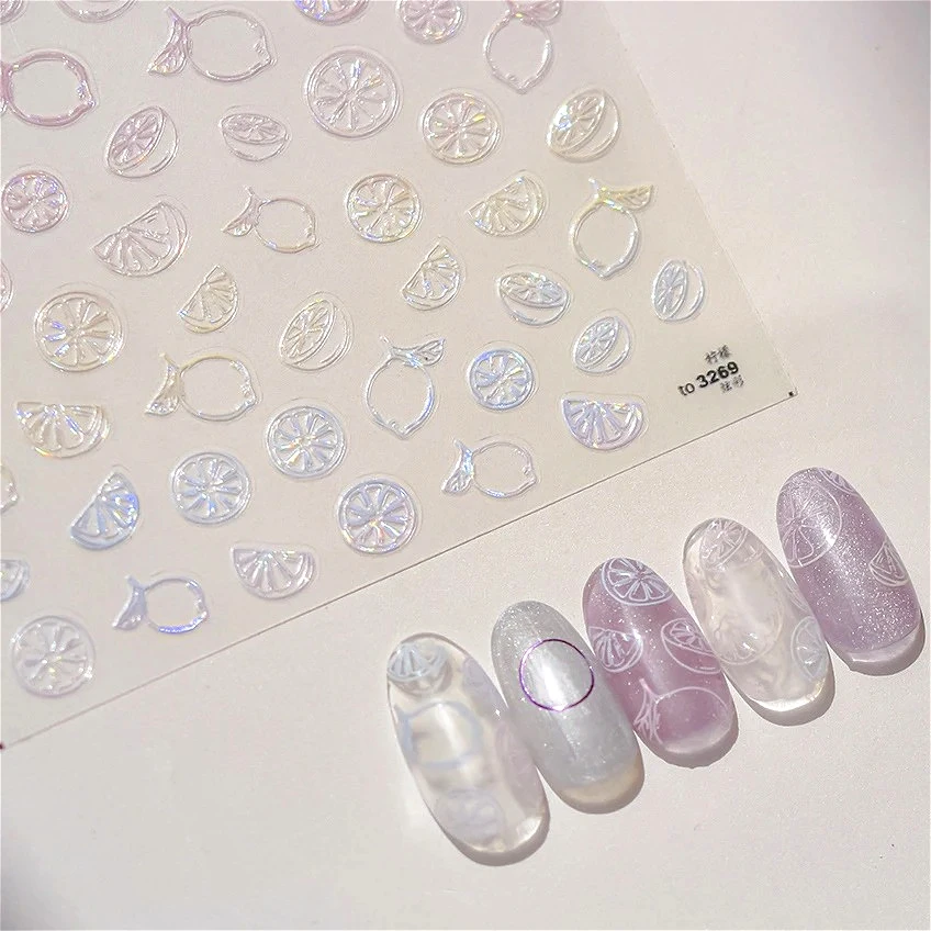

Cute Lemon Grapefruit Cherry Strawberry Pineapple Summer Shiny Fruit Line Embossed Relief Self Adhesive Nail Art Stickers Decals