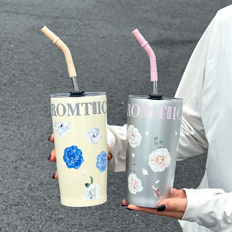 1pc Fashionable Flower-Patterned Stainless Steel Vacuum Flask, 520ml - High-Appearance Straw Cup, Portable Vacuum Insulated Cup