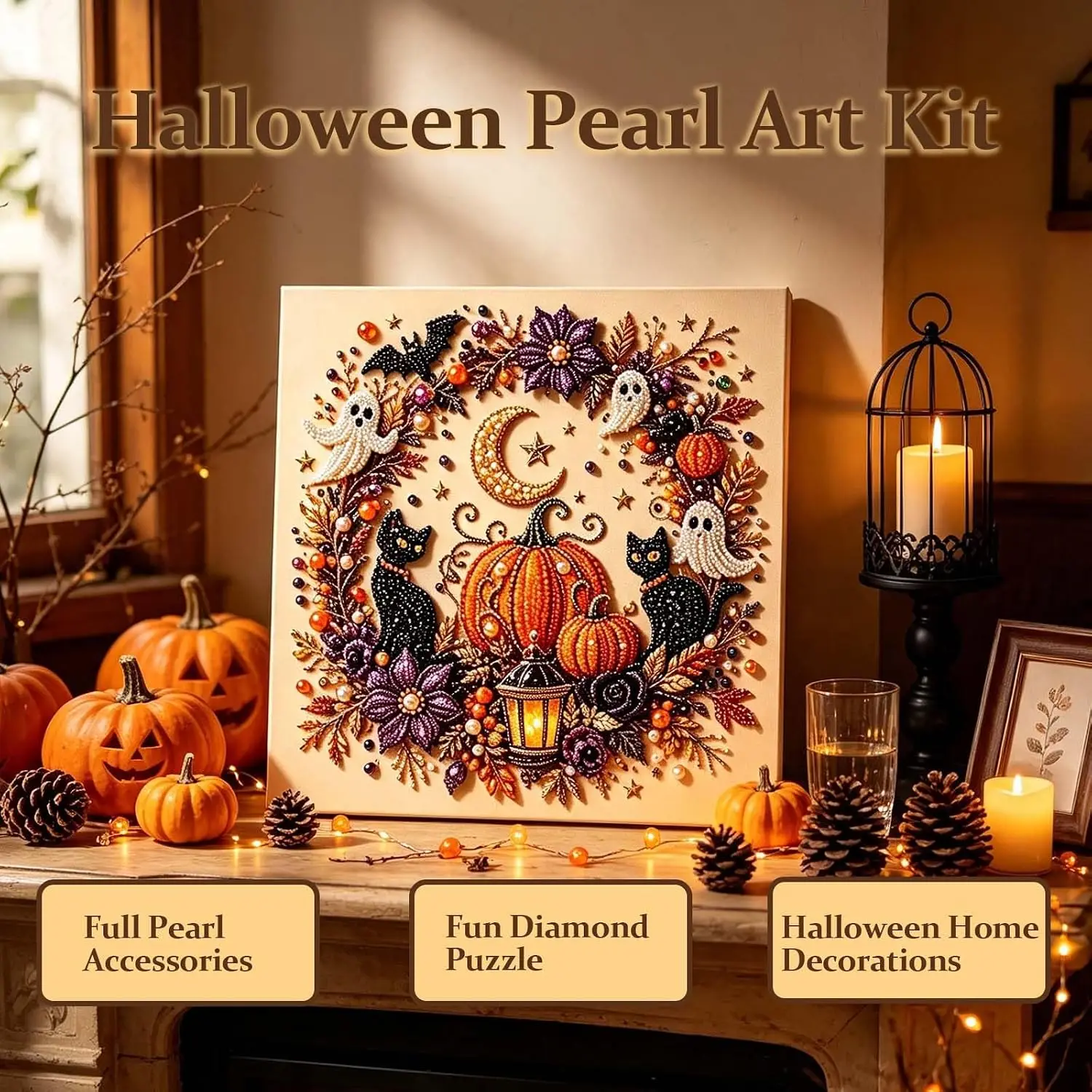 Halloween Ghost Pearl Art DIY Kit, Autumn Home Decor Wall Art, Beginner Seasonal Party Gift (Not A Finished Product)