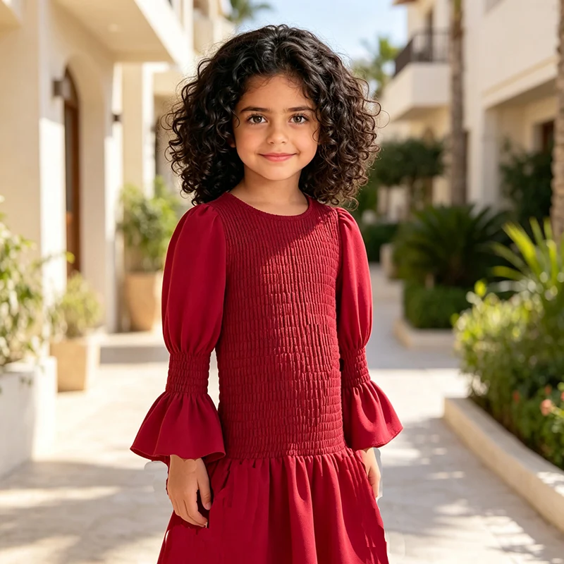 Girls Spring Autumn Red Long Sleeve Shirred-Bodice Trumpet Sleeve Fishtail Kids Princess Dress Holiday Party Birthday Baby Dress