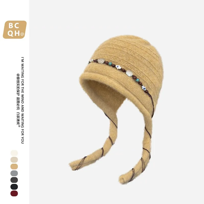 Japanische Nischen-Perlenmütze im Ethno-Stil, gestrickte Pullover-Mütze für Winterwärme und künstlerischen Ohrenschutz, Bombermützen für Damen – Detail 6