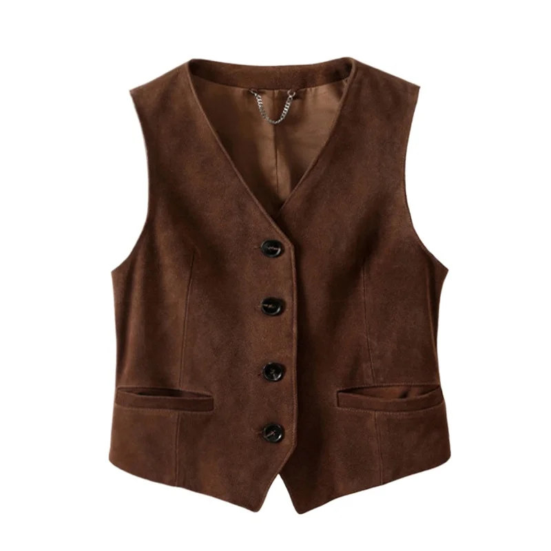 Retro  Suede Top Clothing for Women Genuine Leather Vest Casual Short Style Retro British V-neck Layered Wearing Chaleco Mujer